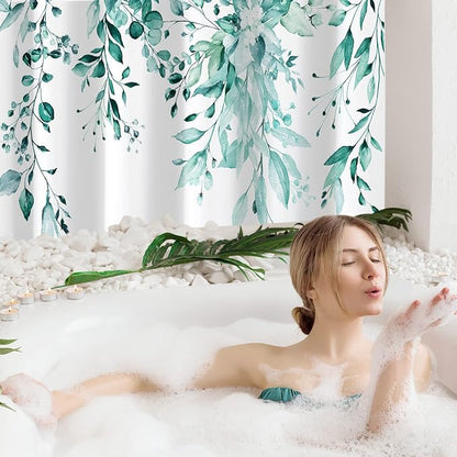 Teal Eucalyptus Shower Curtain, Watercolor Floral Print, 72x90 | Watercolor Plant Leaves Floral Print, Extra Long Waterproof Fabric Bathroom Decor, Machine Washable, Rustproof Grommets