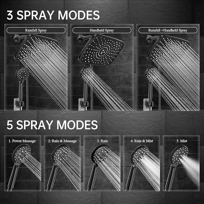 Veken 11.8“ Rain Shower Head with Handheld,Dual High Pressure Shower Heads | Easy Pause,5-mode Hand Held Spray with Hose,Wide Detachable Rainfall,Dual Showerhead Combo,Bathroom Accessories,Decor,Chrome