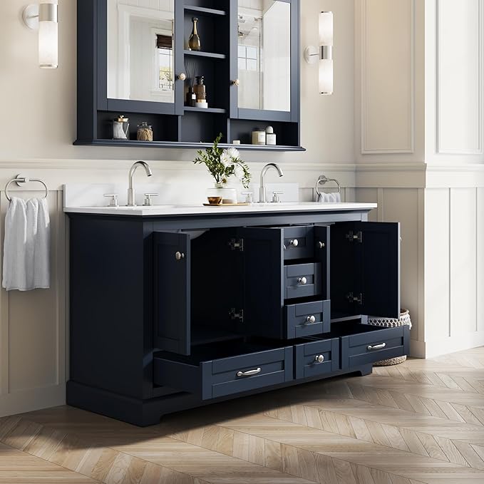 WELLFOR 60" Bathroom Vanity with Double Sinks, Bathroom Freestanding Vanity W/4 Soft-Close Doors and 6 Drawers, Large Storage Space Vanity, Bathroom Vanity with Cultured Marble Countertop (Navy Blue)