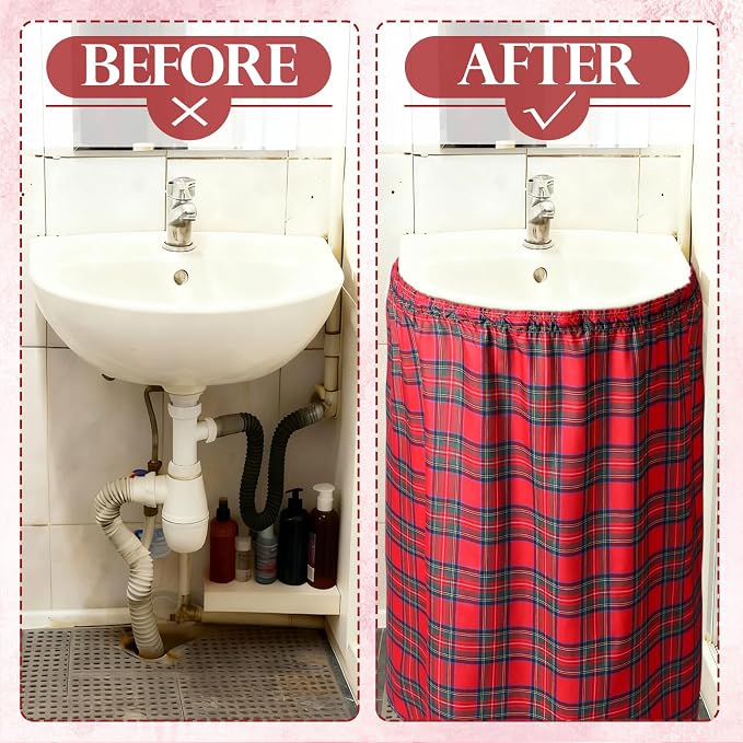 Hahafelt Self-Adhesive Sink Skirt, 55"x32" Waterproof Fabric Under Sink Cover with Diamond Stitch, Hide Pipes & Storage for Bathroom, Kitchen, Laundry Room, Rental Home Decor(Tartan)