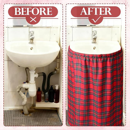 Hahafelt Self-Adhesive Sink Skirt, 55"x32" Waterproof Fabric Under Sink Cover with Diamond Stitch, Hide Pipes & Storage for Bathroom, Kitchen, Laundry Room, Rental Home Decor(Tartan)
