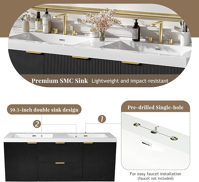 60" Bathroom Vanity with Sink Combo, Floating Double Sink Bathroom Vanity with SMC Resin Top, MDF Cabinet with Solid Wood Frame, Wall-Mounted Bath Room Vanities for Large Bathrooms (60''-Black)
