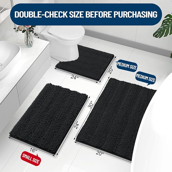 Grandaily Chenille Striped Bathroom Rugs 24x16, Extra Thick and Absorbent Bath Mats, Non-Slip Soft Plush Shaggy Shower Carpet, Machine Wash Dry, Bath Rug for Bathroom, (Small, Black)