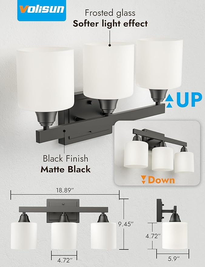 VOLISUN Matte Black Bathroom Light Fixtures, 3-Light Bathroom Vanity Lights Over Mirror, Modern Vanity Light for Bathrooms, Bathrooms Lights Fixtures Over Mirror with Milky White Frosted Glass Shades