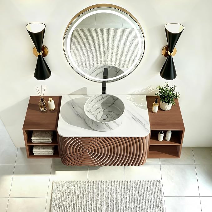 54" Floating Bathroom Vanity with Sink, Mid-Century Wall Mounted Bathroom Vanity Cabinet with Wood Waved Decor,Marble Ceramic Basin and Sintered Stone Top, Soft Close Drawer, 2 Side Open Cube