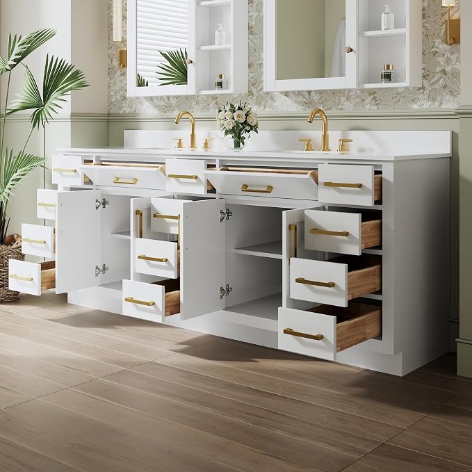 84-Inch Bathroom Vanity with Double Sinks W/ 4 Doors & 12 Drawers & 2 Flip Drawers, White Vanity W/Brushed Gold Handles