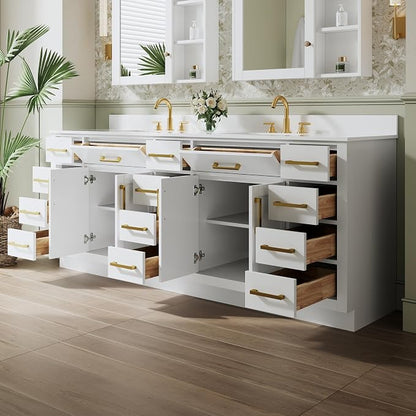 84-Inch Bathroom Vanity with Double Sinks W/ 4 Doors & 12 Drawers & 2 Flip Drawers, White Vanity W/Brushed Gold Handles