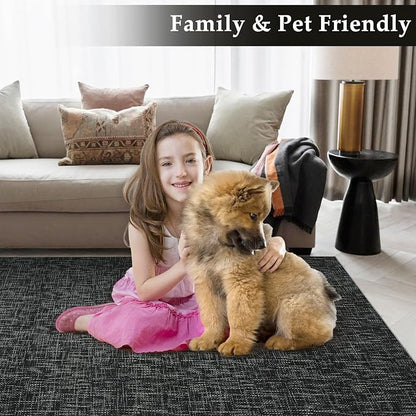 Garvee Washable Rugs 8x10 Solid Color Area Rugs for Living Room, Black | Modern Textured Non Slip Backing Low Pile Non Shedding Stain Resistant Neutral Rug for Dining Room Nursery Bedroom
