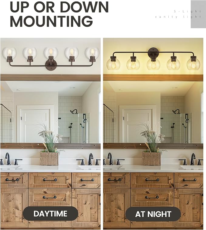zeyu 5-Light Globe Bathroom Vanity Light, Oil Rubbed Bronze, ZS62BG-5W ORB | Large Bathroom Vanity Light, 38.5-Inch 5-Light Design, Clear Globe Glass, Oil Rubbed Bronze, Up/Down Mount, ETL Listed