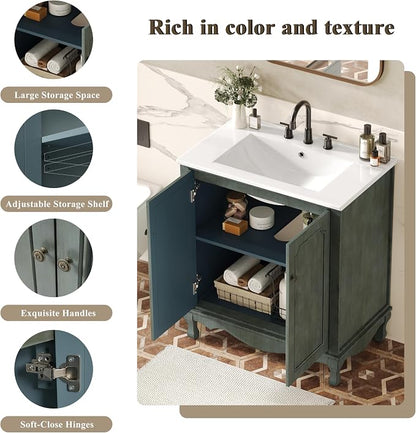 Merax 30" Vintage Bathroom Vanity with Sink, Bathroom Storage Vanity Cabinet with 2 Doors & Rubber Wood Legs & Adjustable Shelves & Antique Handles, Soft-Close Hinges, Antique Blue