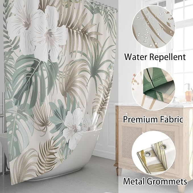 Tropical Shower Curtain for Bathroom, Green Palm Tree Flower Plant Boho Leaf Banana Monstera Sage Beige Shower Curtains Set, Fabric Bathroom Accessories with Hooks