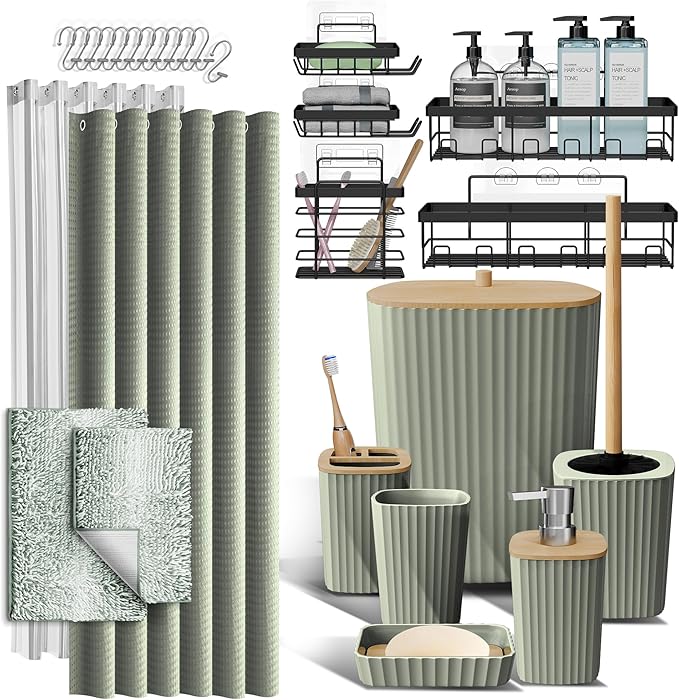 Clara Clark Bathroom Accessories Set - 27PC Bathroom Set with Adhesive Corner Shower Caddy Hanging, Bathroom Sets with Shower Curtain and Rugs, Ombre Sage Green Shower Curtain Set with Trash Can | 27 Piece Ombre Sage Green Bathroom Sets with Shower Cur...