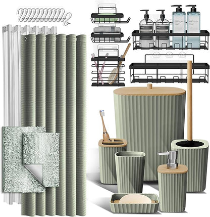 Clara Clark Bathroom Accessories Set - 27PC Bathroom Set with Adhesive Corner Shower Caddy Hanging, Bathroom Sets with Shower Curtain and Rugs, Ombre Sage Green Shower Curtain Set with Trash Can | 27 Piece Ombre Sage Green Bathroom Sets with Shower Cur...