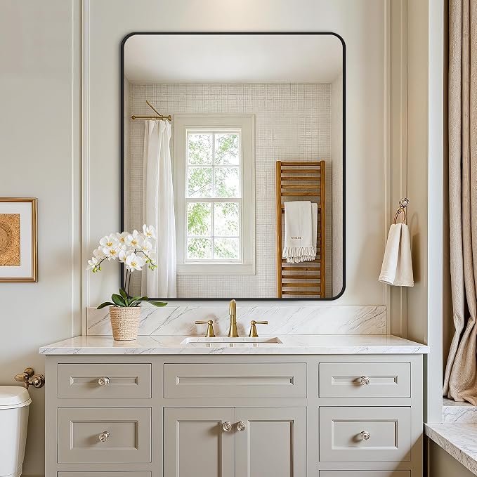 Vanity Bathroom Mirror, 36”x30” Black Bathroom Mirror for Over Sink | HD Tempered Glass, Anti-Rust Frame, Vertical or Horizontal, Wall Mirrors for Bathroom Sink, Living Room, Entryway, Bedroom