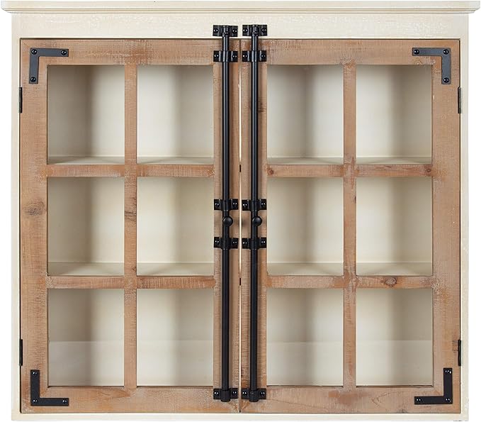 Kate and Laurel Hutchins Decorative Farmhouse Wood Wall Cabinet, 30 x 6.5 x 27.5, White and Brown, Wall Cabinet with Window Pane Glass Door