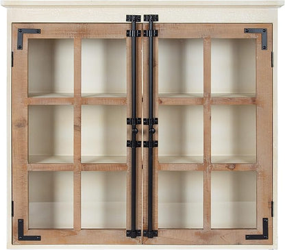 Kate and Laurel Hutchins Decorative Farmhouse Wood Wall Cabinet, 30 x 6.5 x 27.5, White and Brown, Wall Cabinet with Window Pane Glass Door