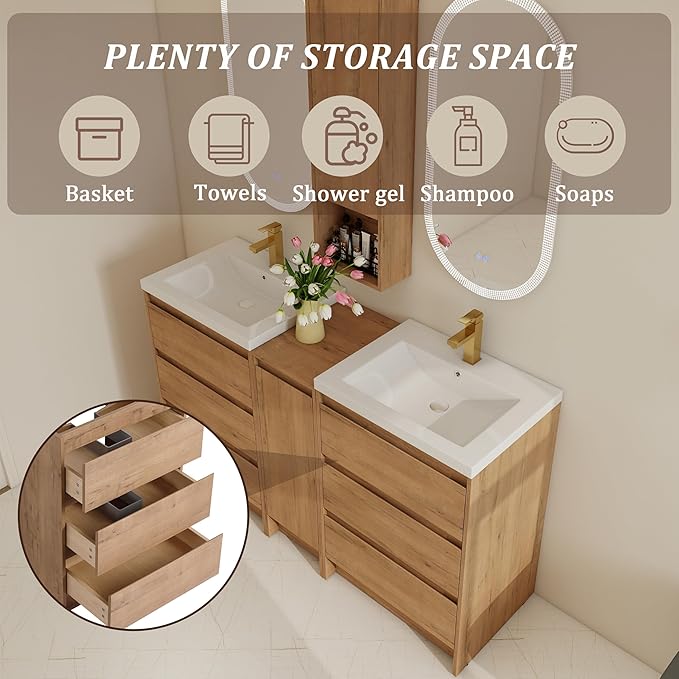 60" Bathroom Vanity Set, 60 Inch Modern Freestanding Vanity with 6 Drawers and 1 Wall-Mounted Side Cabinet, Double Resin Sinks Floor Stand Cabinet Set Imitative Oak