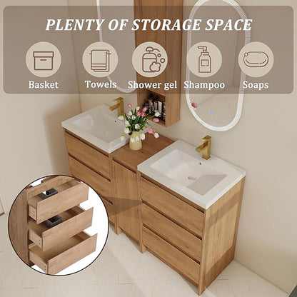 60" Bathroom Vanity Set, 60 Inch Modern Freestanding Vanity with 6 Drawers and 1 Wall-Mounted Side Cabinet, Double Resin Sinks Floor Stand Cabinet Set Imitative Oak