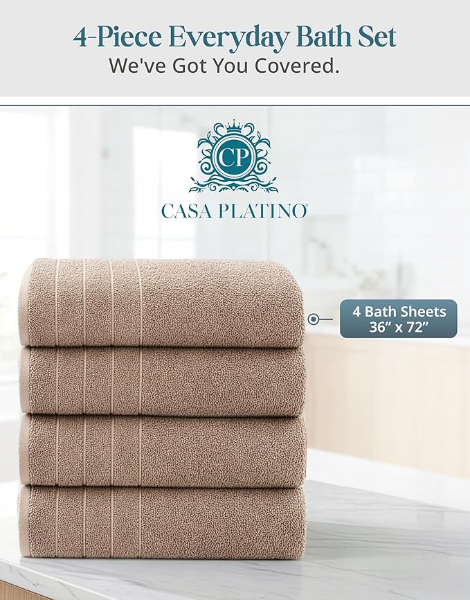 Casa Platino 100% Cotton Bath Sheets Set of 4 (36"x72") - Ring Spun Cotton Extra Large Bath Towels Sets - Quick Dry, Soft & Absorbent Oversized Shower Towel Sets - Sustainabaly Produced - Tan Brown