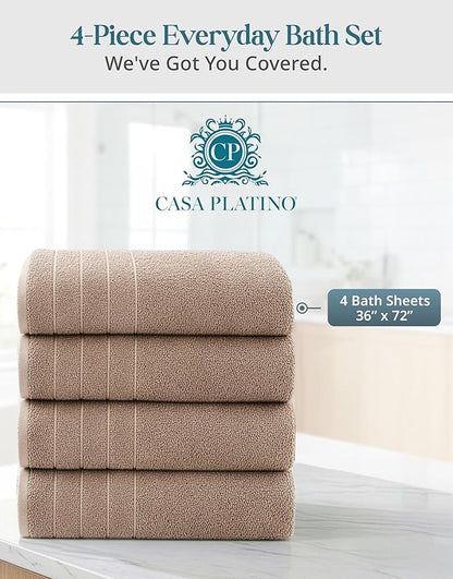 Casa Platino 100% Cotton Bath Sheets Set of 4 (36"x72") - Ring Spun Cotton Extra Large Bath Towels Sets - Quick Dry, Soft & Absorbent Oversized Shower Towel Sets - Sustainabaly Produced - Tan Brown