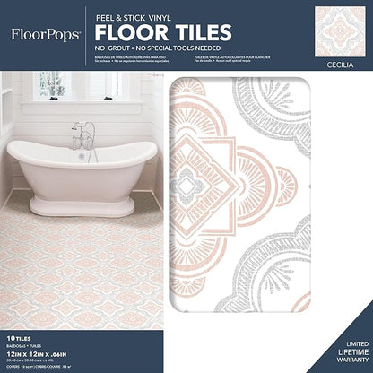 FloorPops FP3566 Cecilia Peel Stick Floor Tiles, White & Off-White