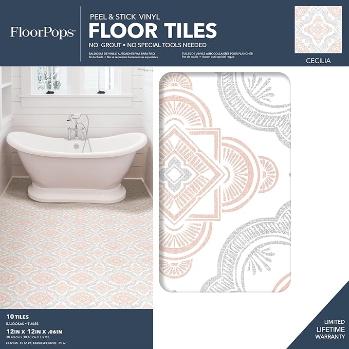 FloorPops FP3566 Cecilia Peel Stick Floor Tiles, White & Off-White (Pack of 2)