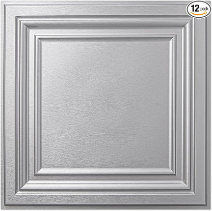 Art3d PVC Ceiling Tiles, 2'x2' Plastic Sheet in Argent Silver (12-Pack)