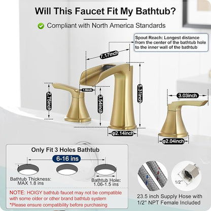 Brass Waterfall Tub Faucet, 3 Hole Brushed Gold Bathtub Faucet Set, 6-16 Inch Widespread Deck Mount with 2 Handle & cUPC Supply Water Hoses for Roman Style, 20 Mins Quick Installation