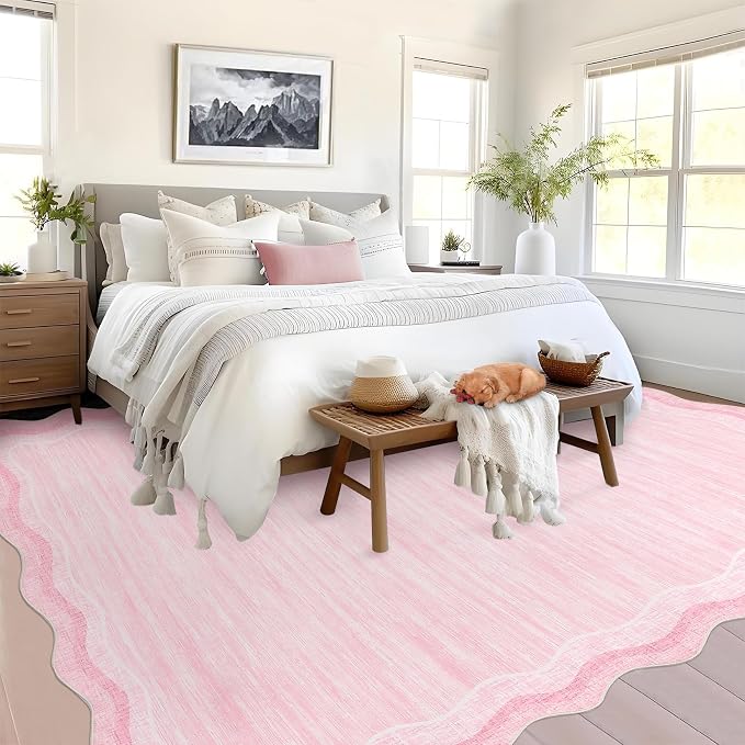 Garvee Pink Scalloped 8x10 Rugs Washable Area Rugs for Living Room | Rugs for Living Room, Non-Slip Soft Carpet for Bedroom, Scalloped Low-Pile Solid Rug Accent Rug for Dining Room Home Office
