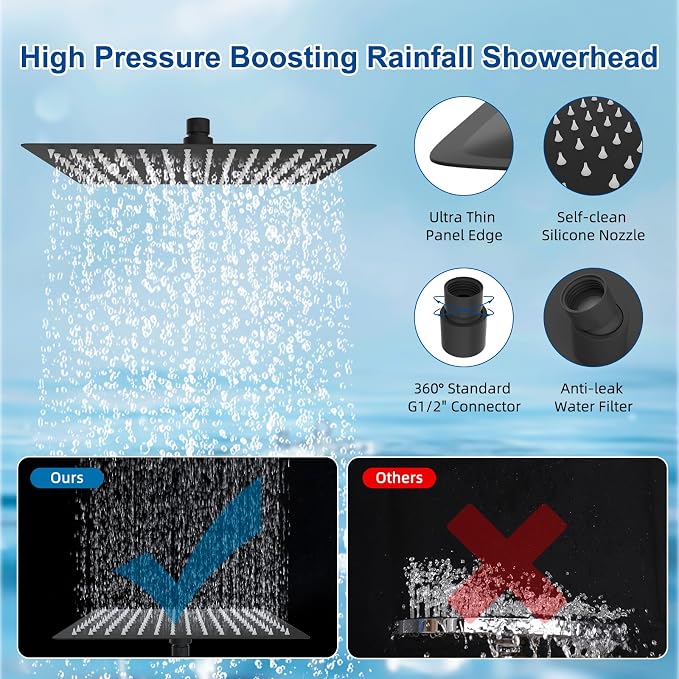 Metal 12" Rain Showerhead with 10-Spray Handheld, Easy Reach 4-way Diverter | Matte Black Finish, Upgraded High Pressure Shower Head with Pause Mode, 71" Stainless Steel Hose/12" Extension Arm