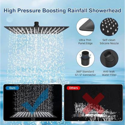 Metal 12" Rain Showerhead with 10-Spray Handheld, Easy Reach 4-way Diverter | Matte Black Finish, Upgraded High Pressure Shower Head with Pause Mode, 71" Stainless Steel Hose/12" Extension Arm