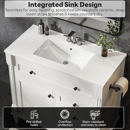 LIKIMIO 36 Inch Bathroom Vanity with Sink, Towel Holder & Adjustable Solid Wood Legs for Uneven Floor, Modern Bathroom Storage Cabinet with Tip-Out Drawer, 2 Drawers & Adjustable Shelf, White