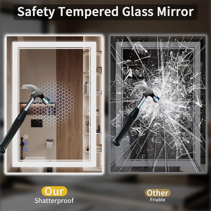 24"x32" LED Bathroom Mirror with Lights, Anti-Fog, Backlit + Front Lit, Dimmable, Led Vanity Mirror for Wall, Lighted Bathroom Mirror, 3 Colors, Shatter-Proof Tempered Glass