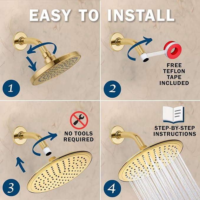 Waterfall Showerhead - 2.5 GPM - Polished Brass | 9 Inch Large Overhead Rain Shower Head With Self-Clean Nozzles, Adjustable Brass Ball Joint, High Flow Best With Extender Arm