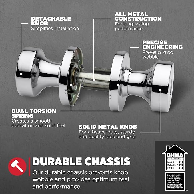 Kwikset Pismo Entry Door Knob with Lock and Key, Secure Keyed Handle Exterior, Front Entrance and Bedroom, Polished Chrome, 4 Pack, Pick Resistant SmartKey Rekey Security