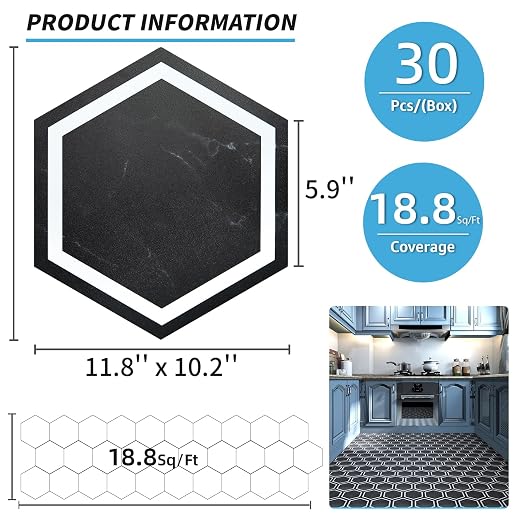 Art3d 30-Pack Hexagon Peel and Stick Vinyl Floor Tiles, Black Marble | 11.8" x 10.2" Single Tile, Self Adhesive, Waterproof, Simple to Clean, Ideal for Kitchen, Bathroom, Living Room, Bedroom