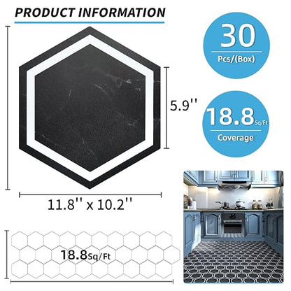 Art3d 30-Pack Hexagon Peel and Stick Vinyl Floor Tiles, Black Marble | 11.8" x 10.2" Single Tile, Self Adhesive, Waterproof, Simple to Clean, Ideal for Kitchen, Bathroom, Living Room, Bedroom