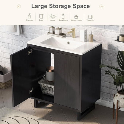 Favfurish 30" Bathroom Vanity with Resin Sink,Undermount Single Basin Bath Vanity Set w/2 Soft Closing Doors,Transitional Freestanding Storage Cabinet,Solid Wood Frame,Black