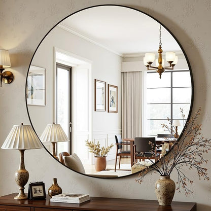Antok 30 Inch Round Mirror for Wall, Round Bathroom Mirror, Circle Wall Mirrors with Black Metal Frame, Circle Mirrors Suitable for Wall, Bathroom, Vanity, Living Room, Entryway