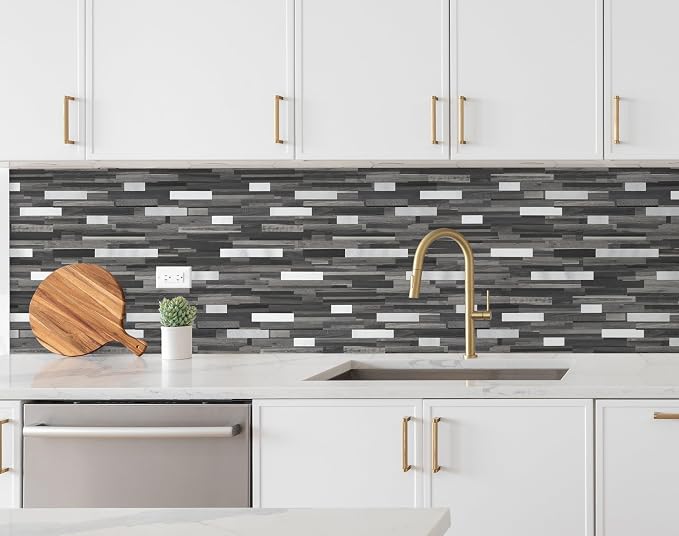 Yipscazo 5 Sheets Peel and Stick Stone Metal Tile Backsplash, Stick on Tiles for Backsplash Kitchen, Bathroom, Laundry Room, Camper, Fireplace (12'' X 12'', Black Wood Grain)