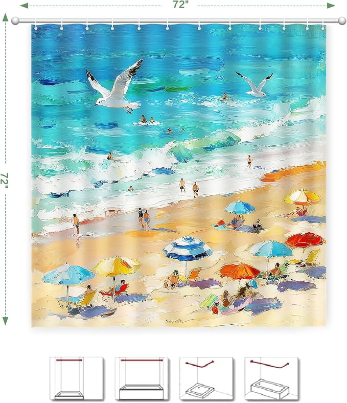 Summer Shower Curtain, Oil Painting Beach Ocean Shower Curtain Coastal Nautical Scene Seaside Seacoast Waterproof Fabric Bathroom Decor, Vacation Themed Bath Curtain for Home, Hotel & Resort