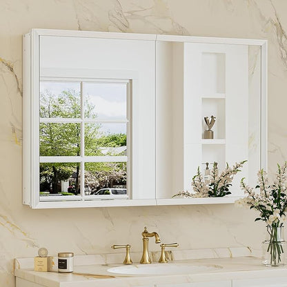 36 x 24 White Recessed Medicine Cabinet with Mirror, Assembly Required, Bathroom Medicine Cabinet with Mirror, Stepless Adjustable Shelves, Beveled Aluminum Frame, DTC Hinge