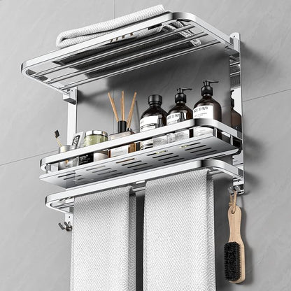 CAXIMSY Towel Rack with Shelf, 22.63" Bathroom Shelf with Double Towel Bars Stainless Steel, Wall Mounted, Foldable Top, 2 Hooks, Adhesive/Screw Install, Space-Saving for Small Bathrooms & Apartments