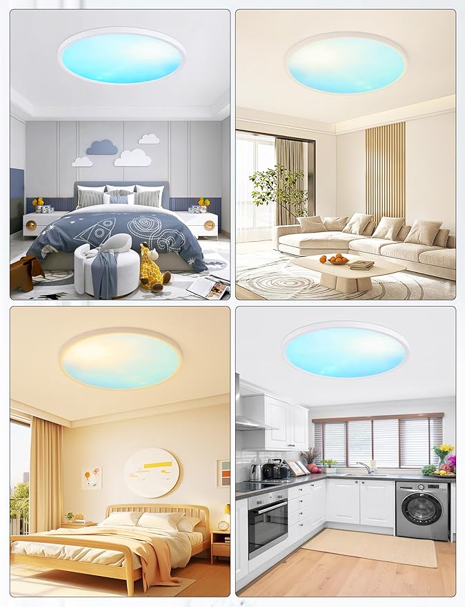 24 Inch Flush Mount Ceiling Light with Blue Sky Cover, Dimmable Ceiling Lamp with Remote, 54W LED Lighting Fixtures Sunlight Effect, Modern Slim Design for Classroom Bedroom Living Room, Round White
