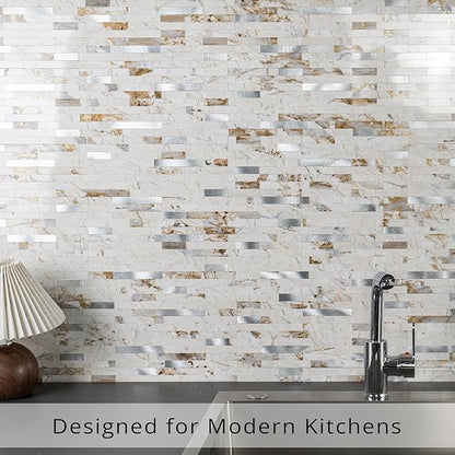 StyloVue 20 Sheets Peel and Stick Backsplash for Kitchen, 2026 Upgraded Ivory Calacatta Marble Look with Silver Metal Accents, Glossy Finish, Stick on Tile for Kitchen Backsplash, RV, Fireplace