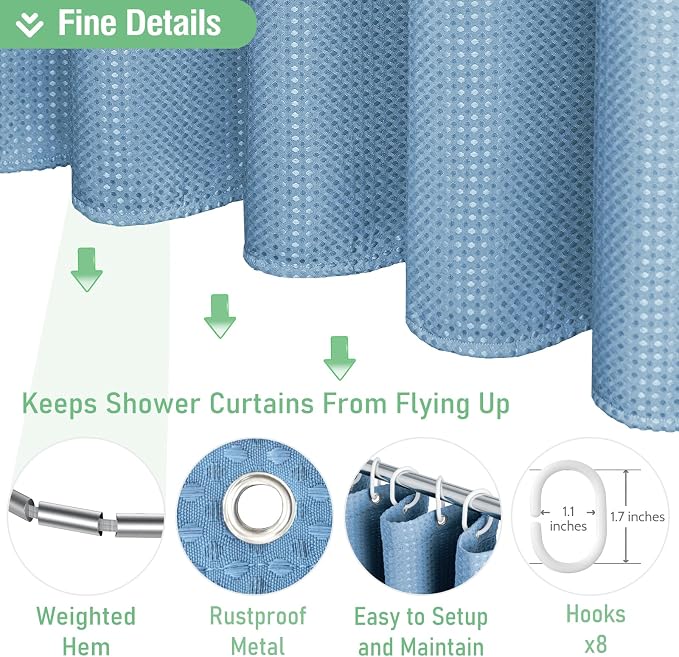 Stall Waffle Shower Curtain 256 GSM Heavy 48"x72" Moonlight Blue | 48 Inch Wide, Thick Cloth, Weighted Hem, Water Repellent, Hotel Luxury Polyester Shower Curtain Set for Bathroom 8 Hooks