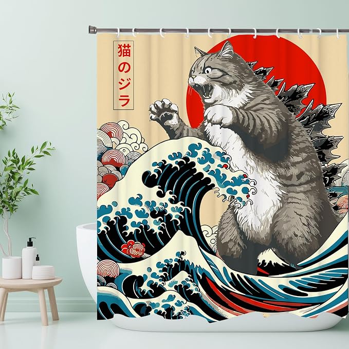 Funny Japanese Cat Funky Anime Japan Bathroom Shower Curtain, 72x72 | Vintage Cat Sunset Wave Shower Curtain Liner with Hooks, Animal Fabric Shower Curtains Bathroom Decor 72X72inches Blue Grey