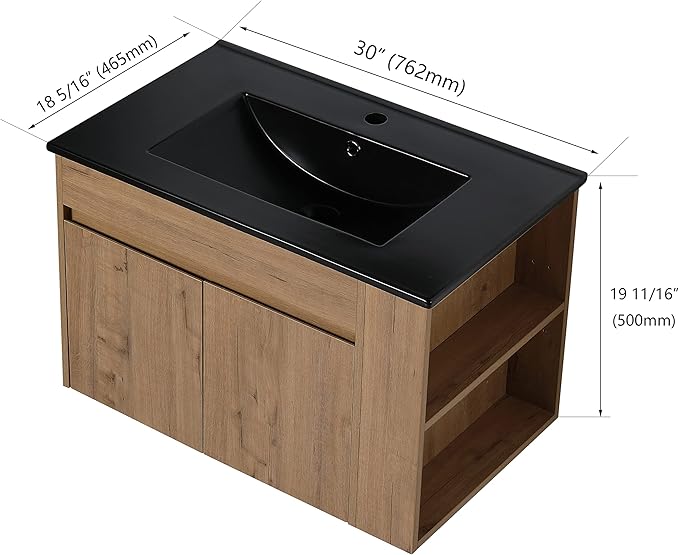 30 Inch Bathroom Vanity with White Sink Combo, Wall-Mounted Bathroom Vanity 2 Door&Adjustable Shelf,Modern Floating Bathroom Cabinet with Black Top Basin & Storage Cabinet,Brown