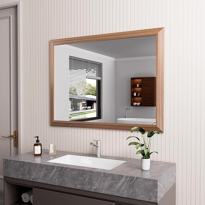 Bathroom Mirror for Wall, 40 X30 Inch (Walnut Wood Grain) | Metal Framed, HD Reflection, Anti-Rust, Hang Horizontally/Vertically, Suitable for Bedroom, Farmhouse, Bathroom, Entryway
