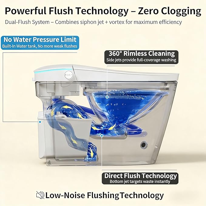 Smart Toilet with Bidet, Foam Shield, UV-C Light, Blackout Flush, Dual Auto Flush, Heated Seat, Air Dryer, Modern Elongated Japanese One Piece Bidet for Bathrooms